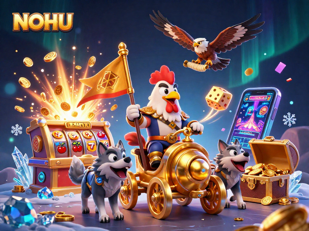 Spin and win with NOHU in this vibrant gambling-themed 3D illustration showcasing a dynamic casino scene.