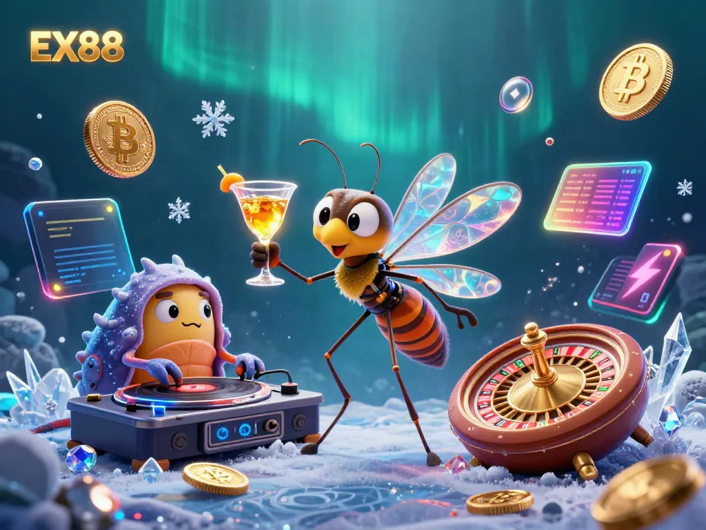 Experience the excitement of EX88 with a vibrant casino mascot amidst captivating gaming symbols.