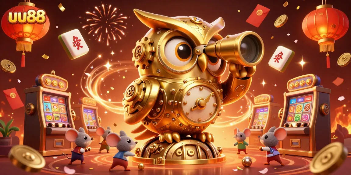 Engage with uu88's exciting casino atmosphere featuring a golden owl and delightful mouse patrons.