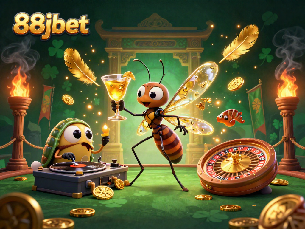 Join 88jbet's vibrant casino scene with a frozen mosquito mascot, trilobite DJ, and russian roulette wheel!