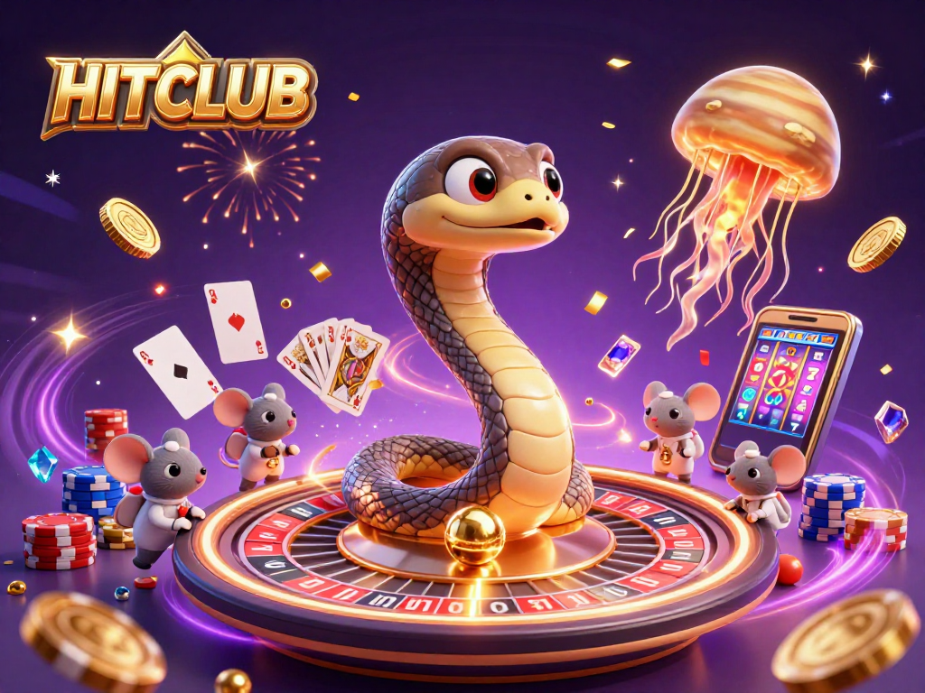 Join the HITCLUB cosmic casino experience as astronaut mice bet on a spinning roulette in a whimsical 3D scene.