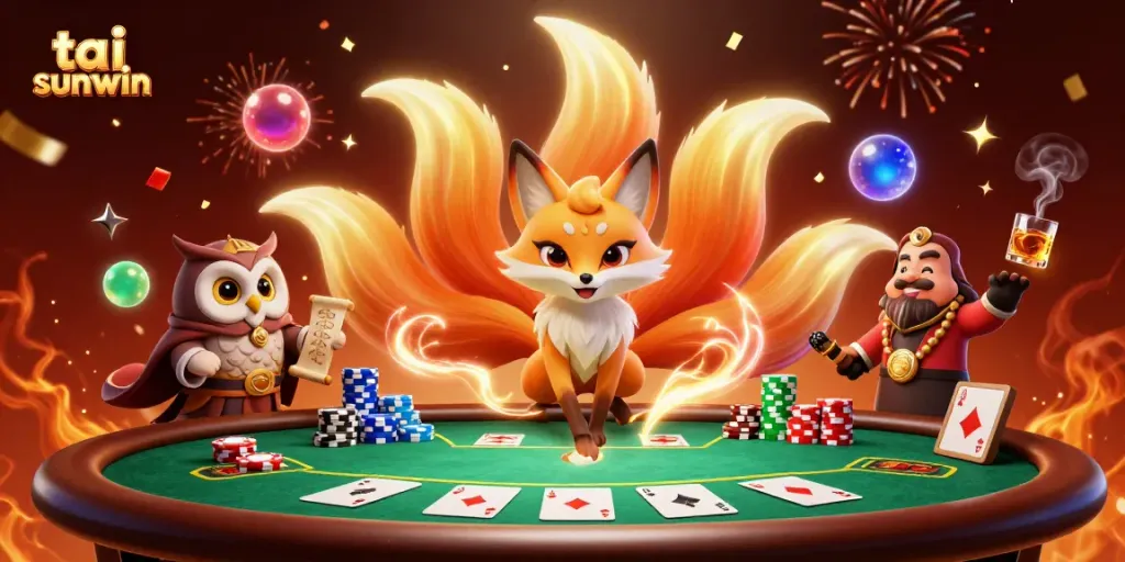 Experience the vibrant and magical scene of tai sunwin with a nine-tailed fox and owl amidst a lively poker game.