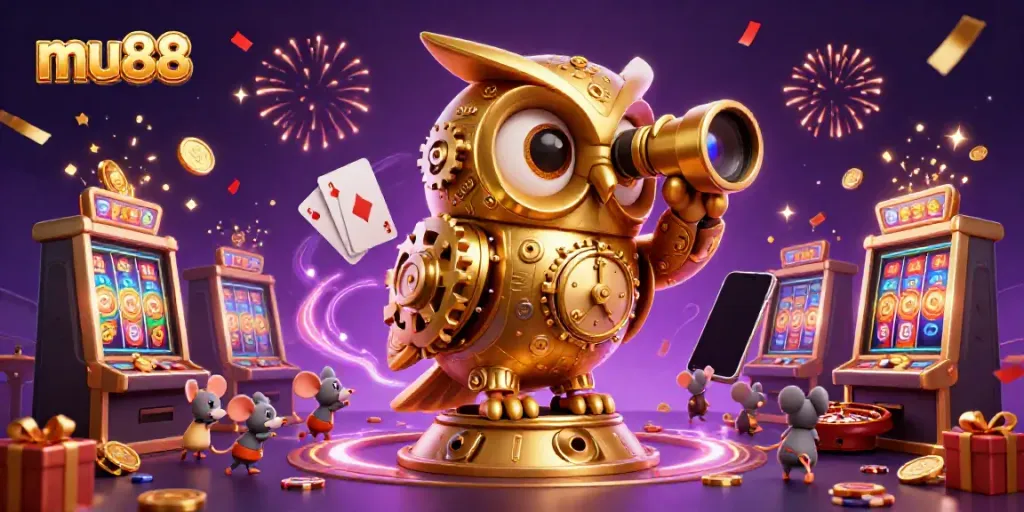 Experience the thrill of mu88 with an epic casino scene featuring a golden owl and dynamic gaming elements.