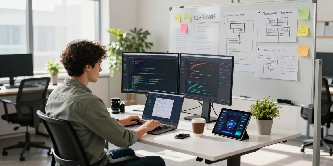 Team member building internal tools with AI in a modern workspace, showcasing innovative tech development.