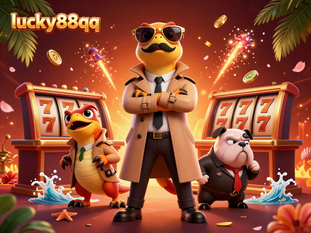 Experience the thrill of lucky88qq with raptors entering a VIP casino lounge amid slot reels and festive decor.