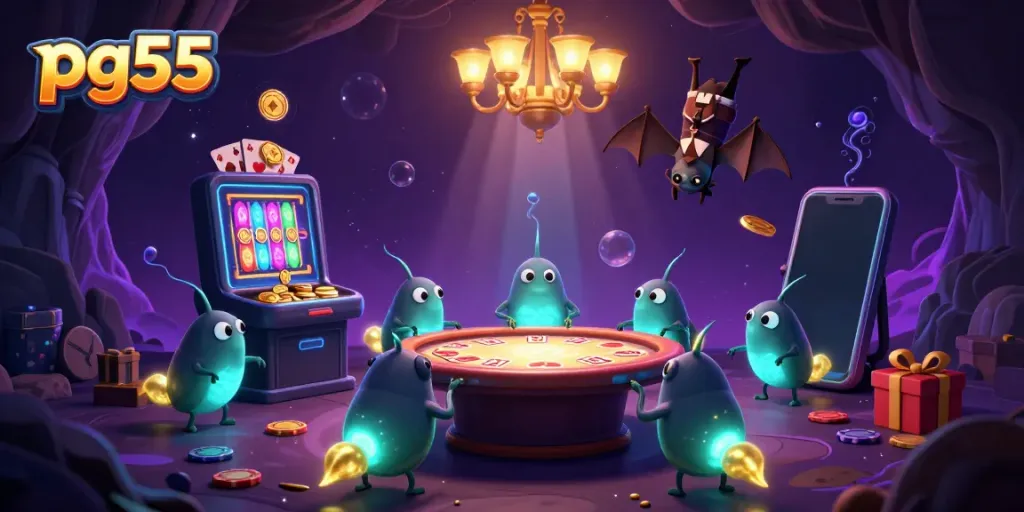 Experience thrilling gameplay at PG55 with glowworms lighting up a vibrant cave casino.