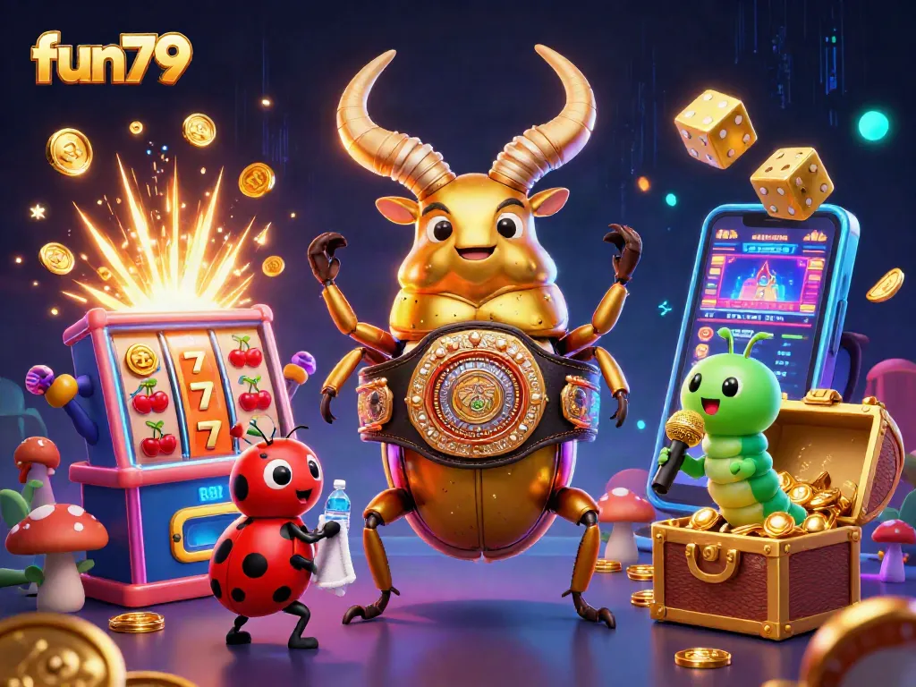 Fun79 captures a vibrant casino atmosphere with a golden stag beetle in action.