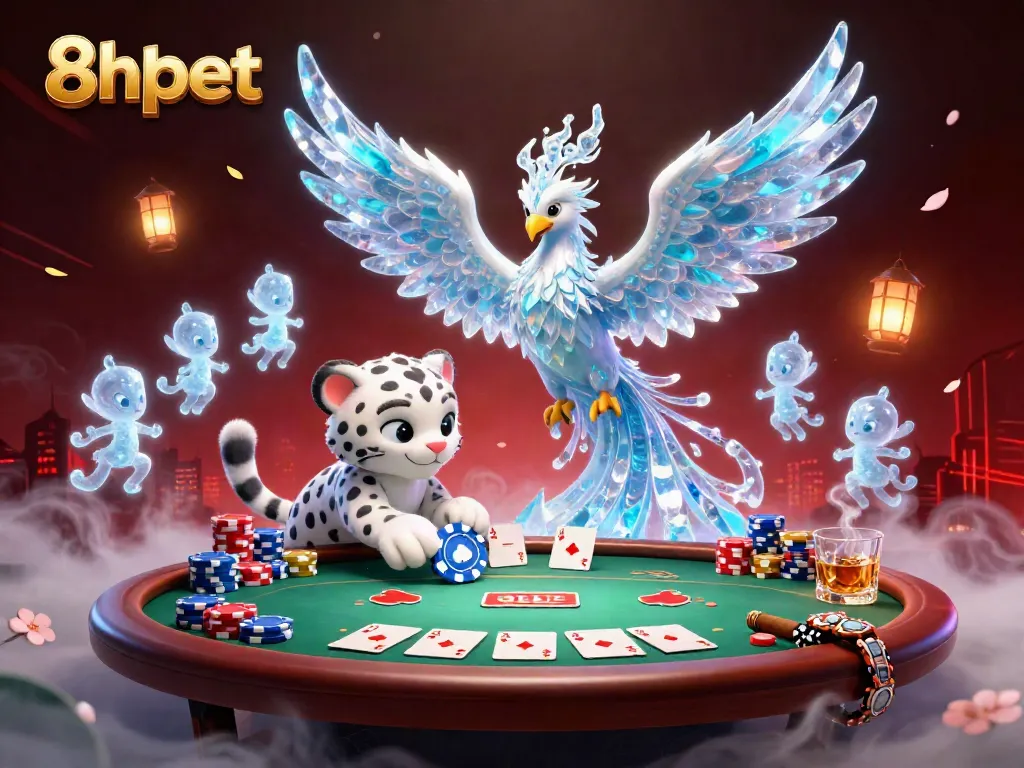 Engage with 8xbet's vibrant 3D illustration of a phoenix and snow leopard amidst a lively poker scene.