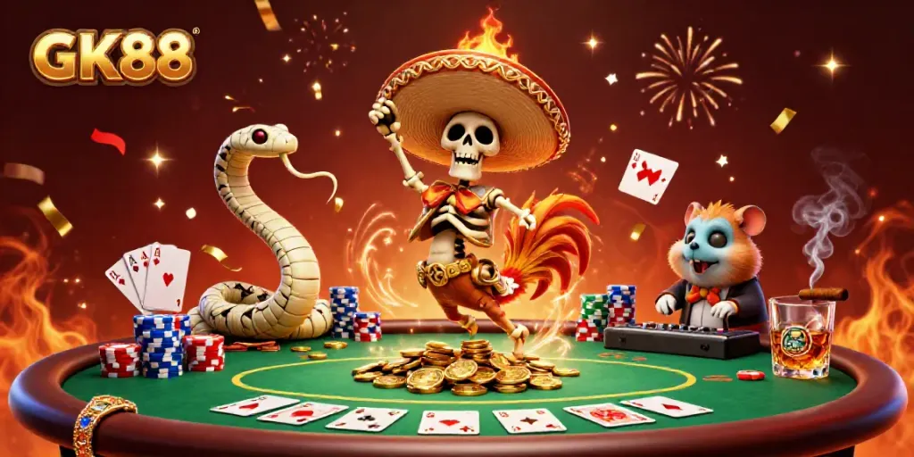 Experience the thrill of GK88 gaming with a vivid scene featuring exciting characters and poker elements.
