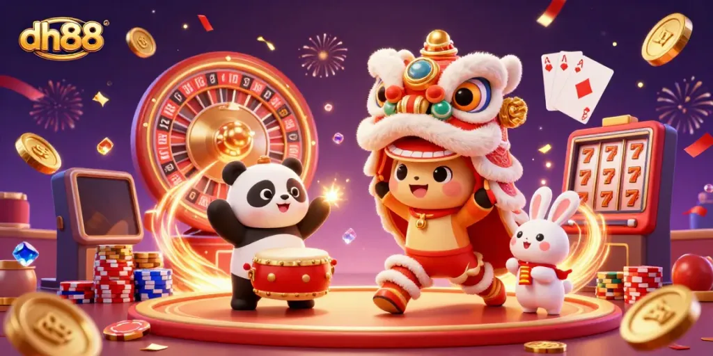 Engaging promotional illustration of dh88 featuring lively characters in a colorful casino scene with gold coins and confetti.