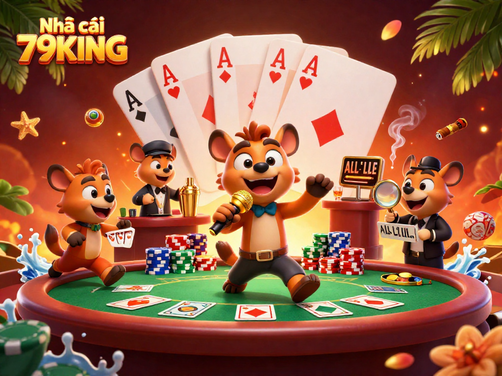 Join the comedy in Nhà cái 79KING’s vibrant casino with hyenas, poker chips, and drinks!
