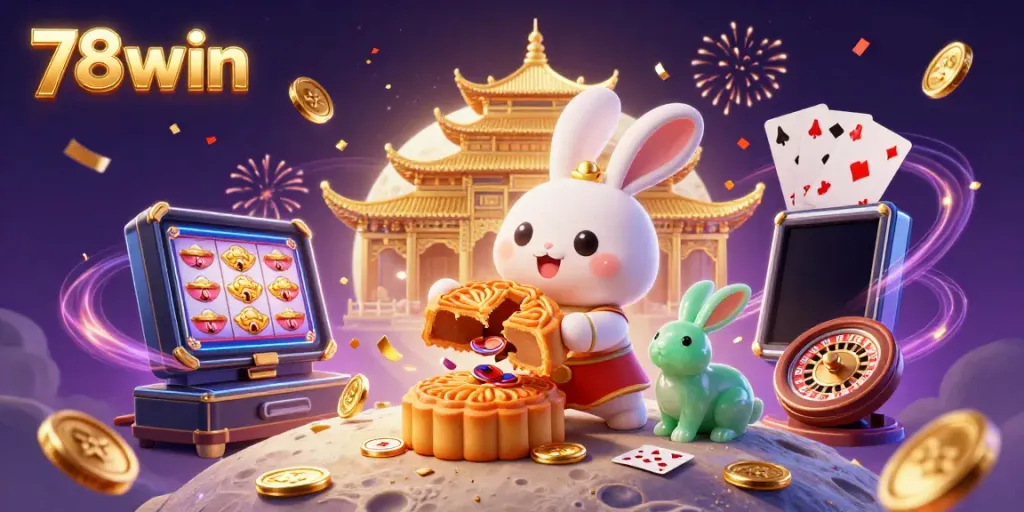 Engage with thrilling gaming at 78win, illustrated with a moon rabbit celebrating over poker chips amidst vibrant casino elements.