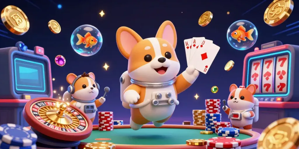 Experience dynamic action with 3D astronaut corgi and friends enjoying lô đề trực tuyến in a vibrant space casino.