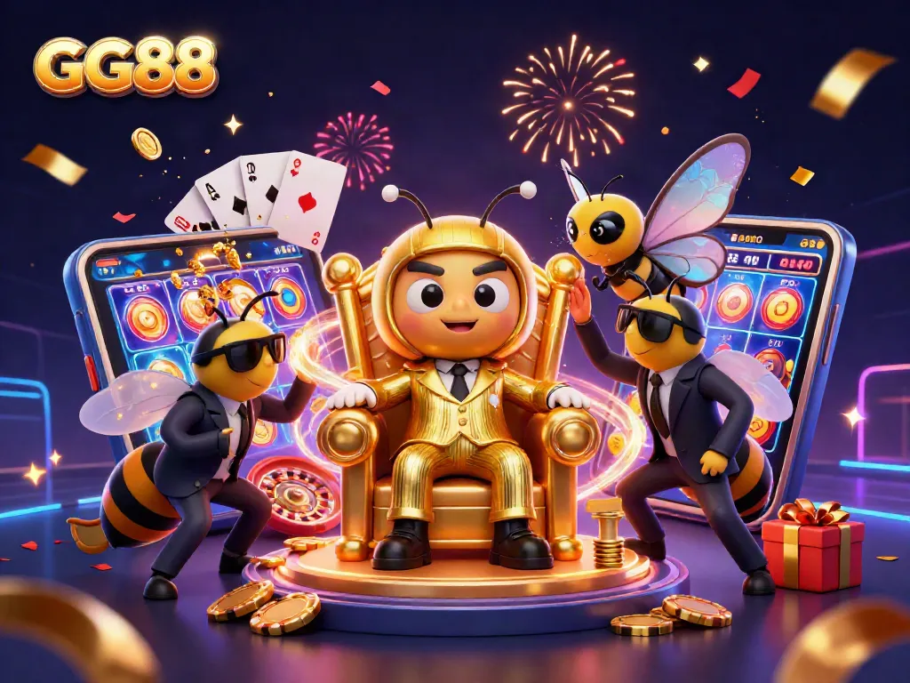 Engage in casino fun with GG88, a vibrant scene featuring a bumblebee mob boss amid dynamic gaming elements.