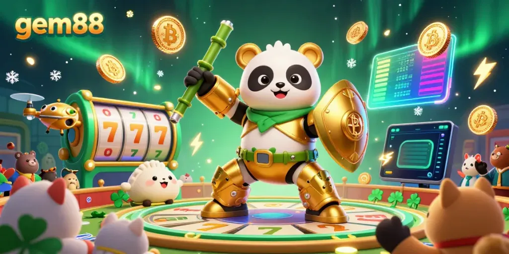 Experience the excitement of gem88 with a dynamic casino scene featuring a golden panda in a mech-suit and slot machines.