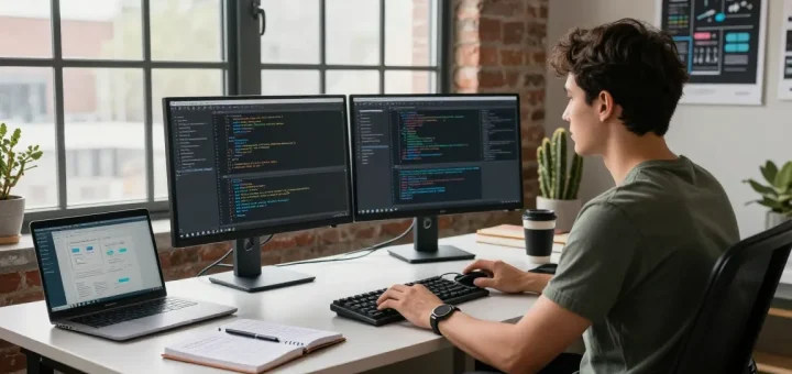 Focused programmer at a modern desk coding with sc88 software, showcasing dual monitors and creative workspace elements.